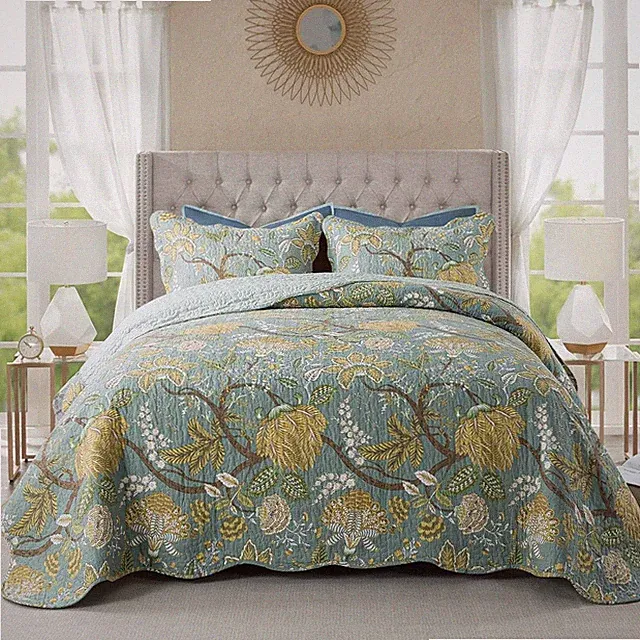 Cotton Bedspread Quilt Sets-Reversible Patchwork Coverlet Set, Green Floral Patt