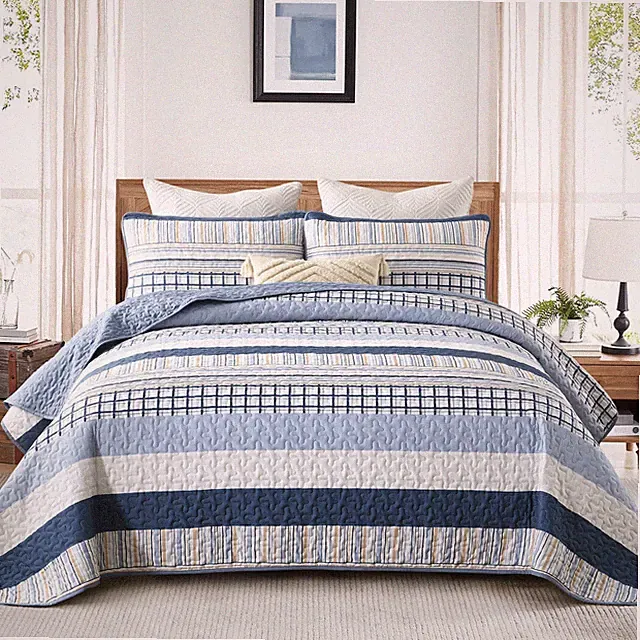 DJY Navy Blue Striped Quilt King Size, Boho Blue Tan Striped Bedspread Coverlet